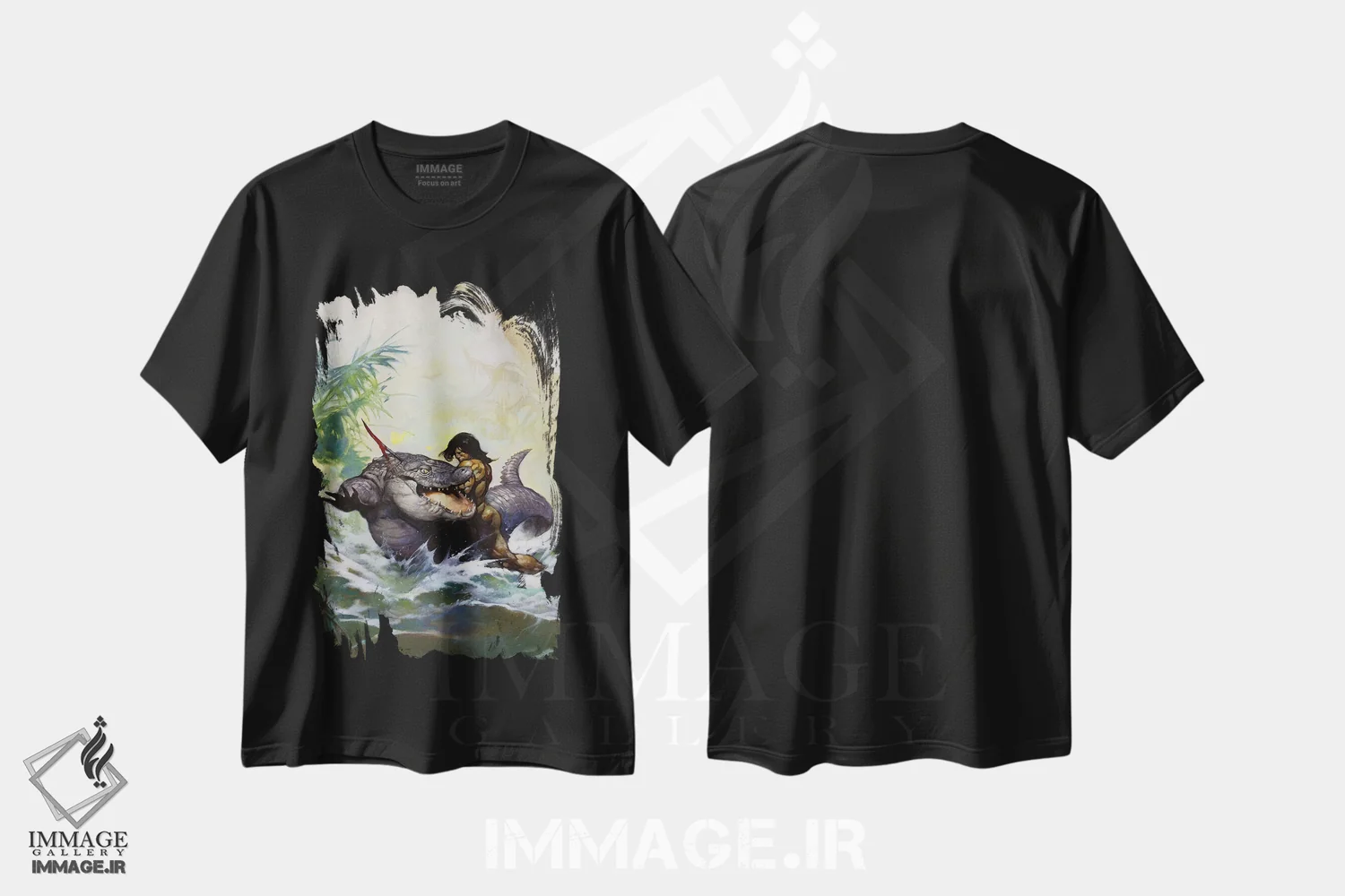 تیشرت مشکی طرح دار "هیولای بیرون از زمان" اثر فرانک فرزتا | immage.ir
