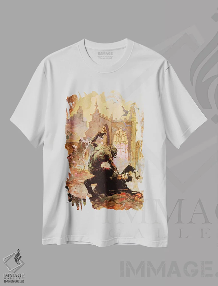 تیشرت سفید طرح دار "دراکولا در مقابل گرگینه" اثر فرانک فرزتا | immage.ir