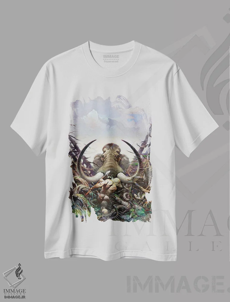 تیشرت سفید طرح دار "ماموت" اثر فرانک فرزتا | فروشگاه ایماژ