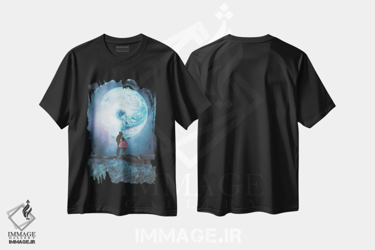 تیشرت مشکی طرح دار "دو میلیون سال از دیروز"، هنر فاخر معاصر اثر فرانک موس | فروشگاه ایماژ