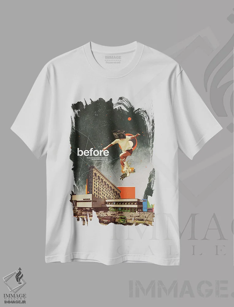 تیشرت سفید طرح دار "قبل"، هنر فاخر معاصر اثر فرانک موس | فروشگاه ایماژ