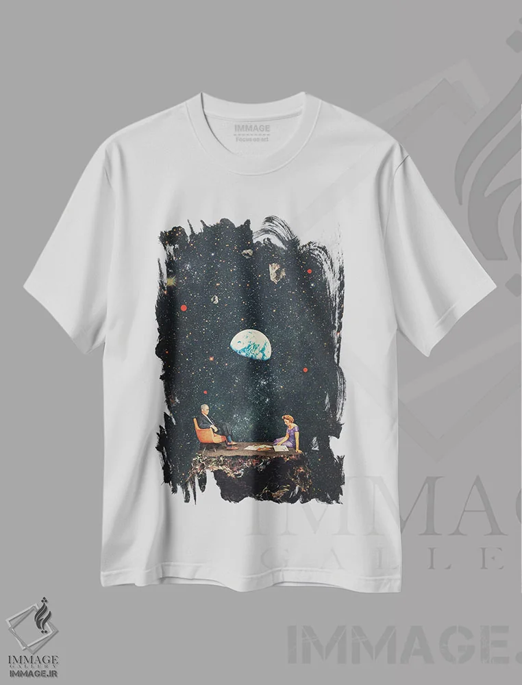 تیشرت سفید طرح دار "من هیچ کجا نمی روم"، هنر فاخر معاصر اثر فرانک موس | فروشگاه ایماژ