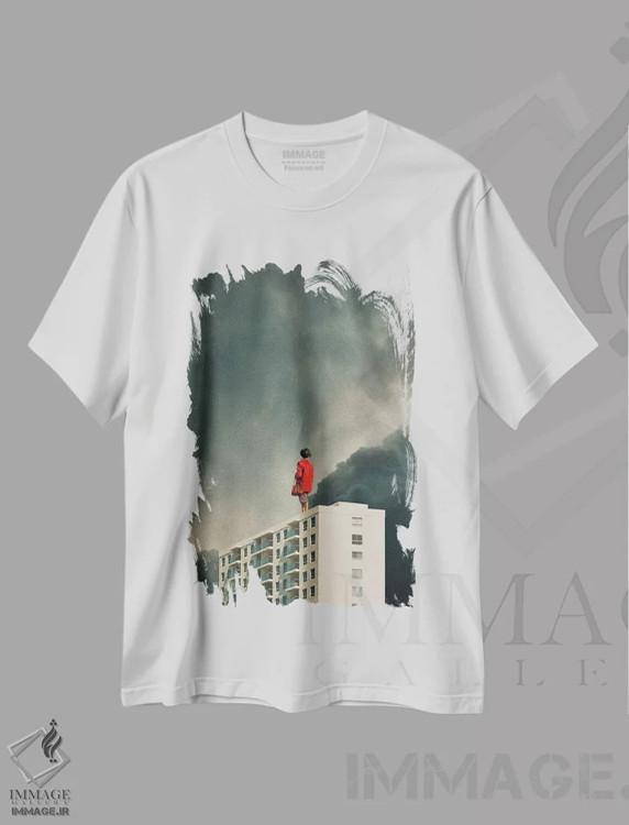 تیشرت سفید طرح دار "ما از شهرهایمان خواهیم گریخت"، هنر فاخر معاصر اثر فرانک موس | immage.ir