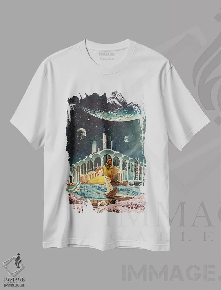 تیشرت سفید طرح دار "کارت پستالی از سال ۲۳۴۵"، هنر فاخر معاصر اثر فرانک موس | فروشگاه ایماژ