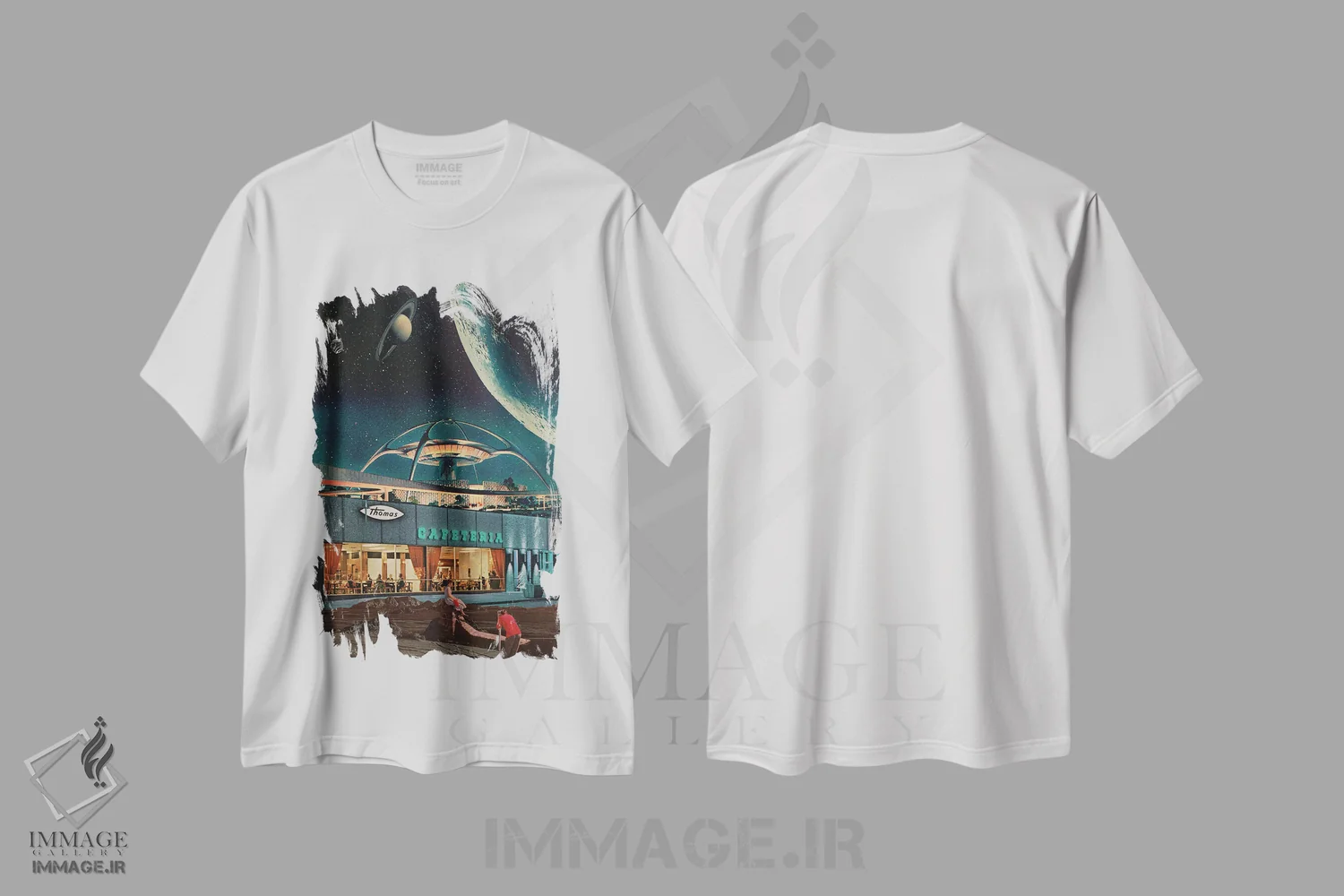 تیشرت سفید طرح دار "کارت پستالی از سال ۲۳۴۶"، هنر فاخر معاصر اثر فرانک موس | فروشگاه ایماژ