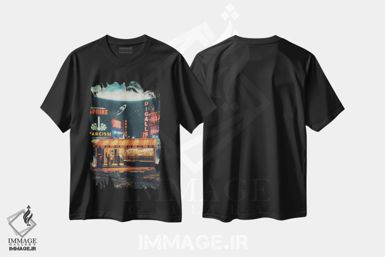 تیشرت مشکی طرح دار "کارت پستالی از سال ۲۳۴۷"، هنر فاخر معاصر اثر فرانک موس | فروشگاه ایماژ