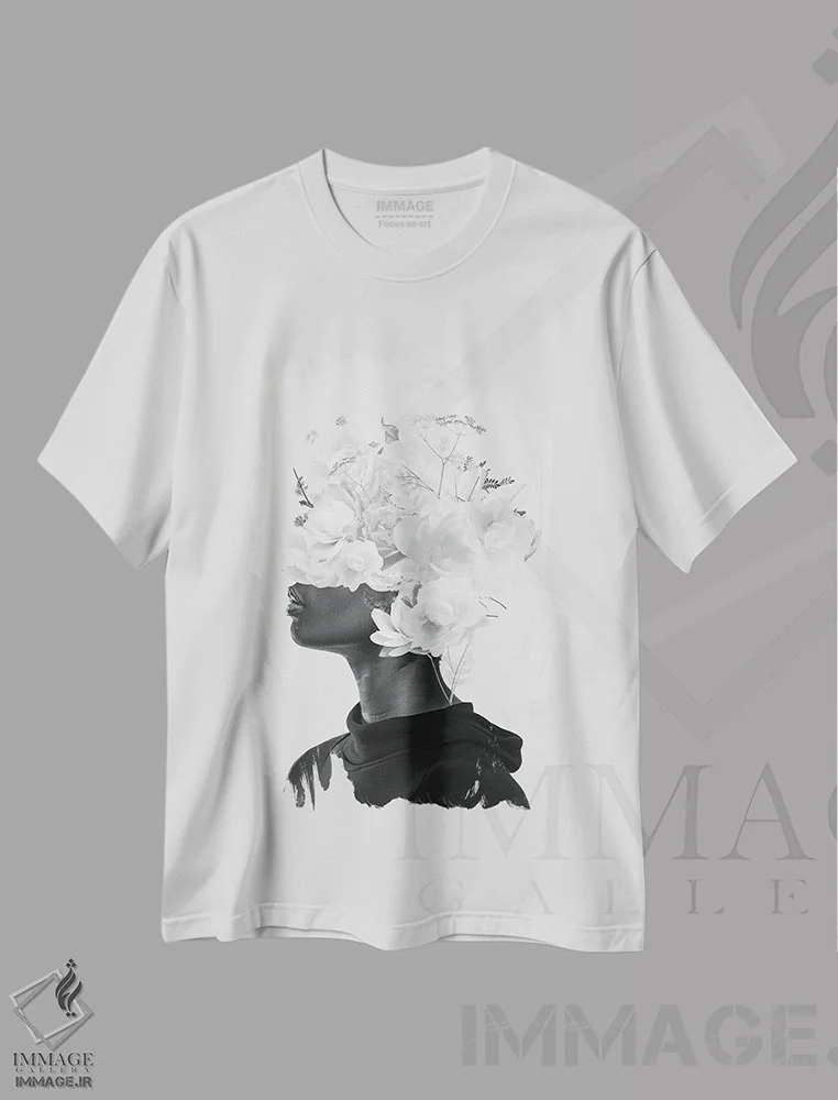 تیشرت سفید طرح دار "شکوفه سربی"، دکوراسیون جایگزین اثر فرانک موس | فروشگاه ایماژ