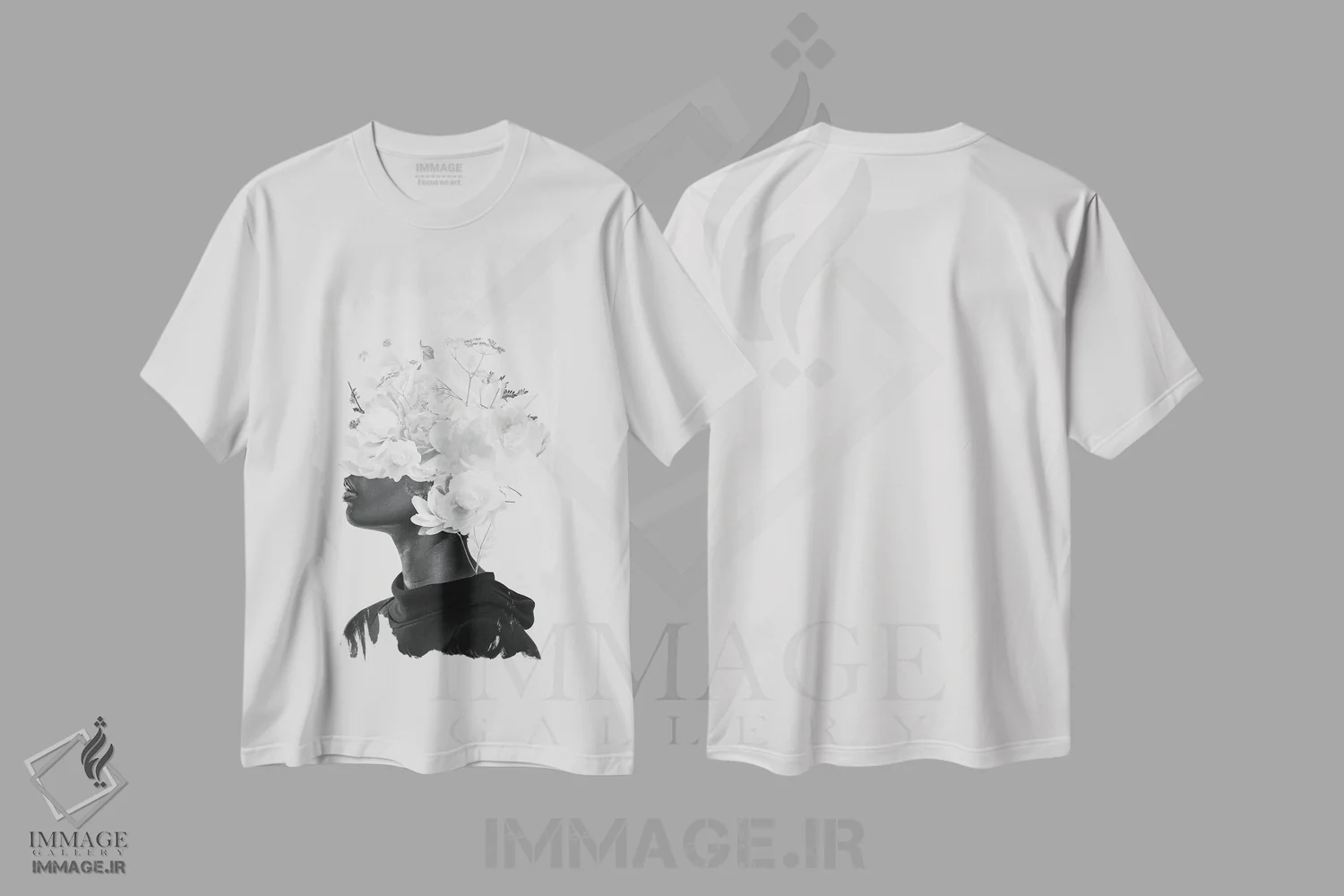 تیشرت سفید طرح دار "شکوفه سربی"، دکوراسیون جایگزین اثر فرانک موس | فروشگاه ایماژ