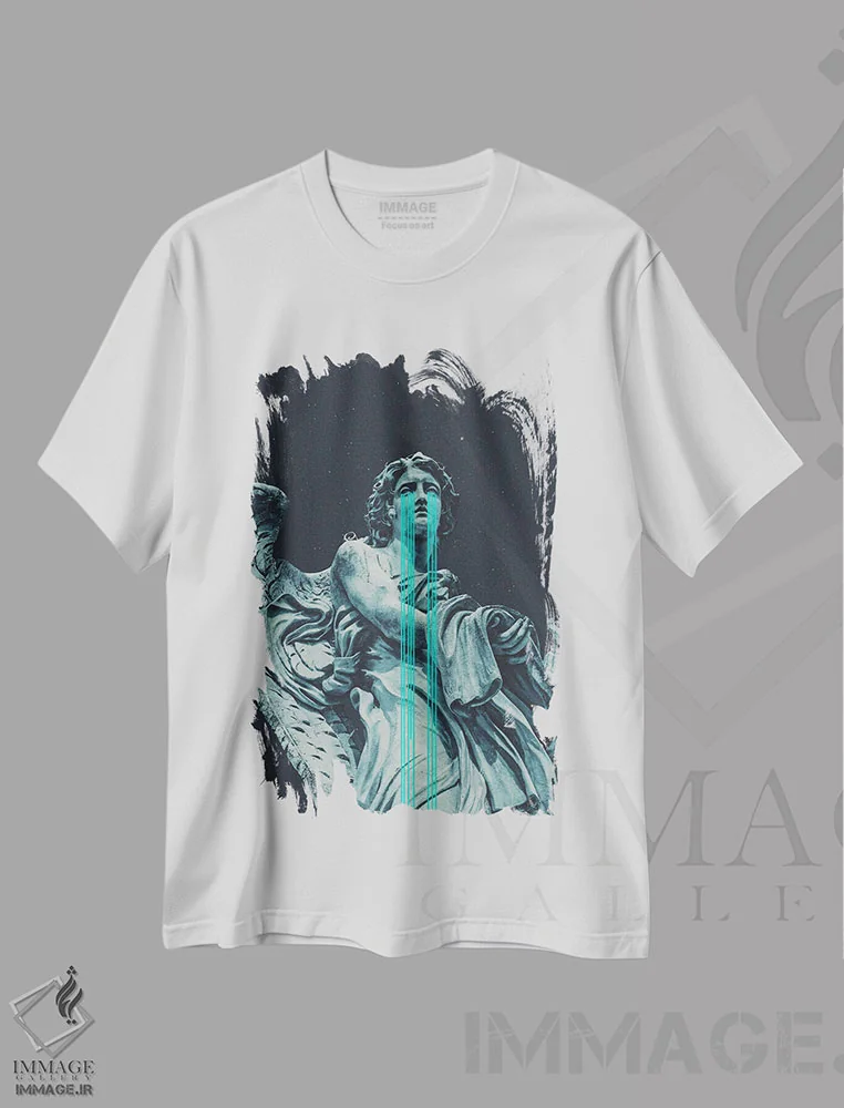 تیشرت سفید طرح دار "فرشته آمد"، دکوراسیون جایگزین اثر فرانک موس | immage.ir