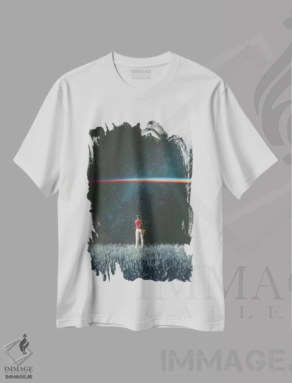 تیشرت سفید طرح دار "نور را دیدم"، هنر فاخر معاصر اثر فرانک موس | immage.ir