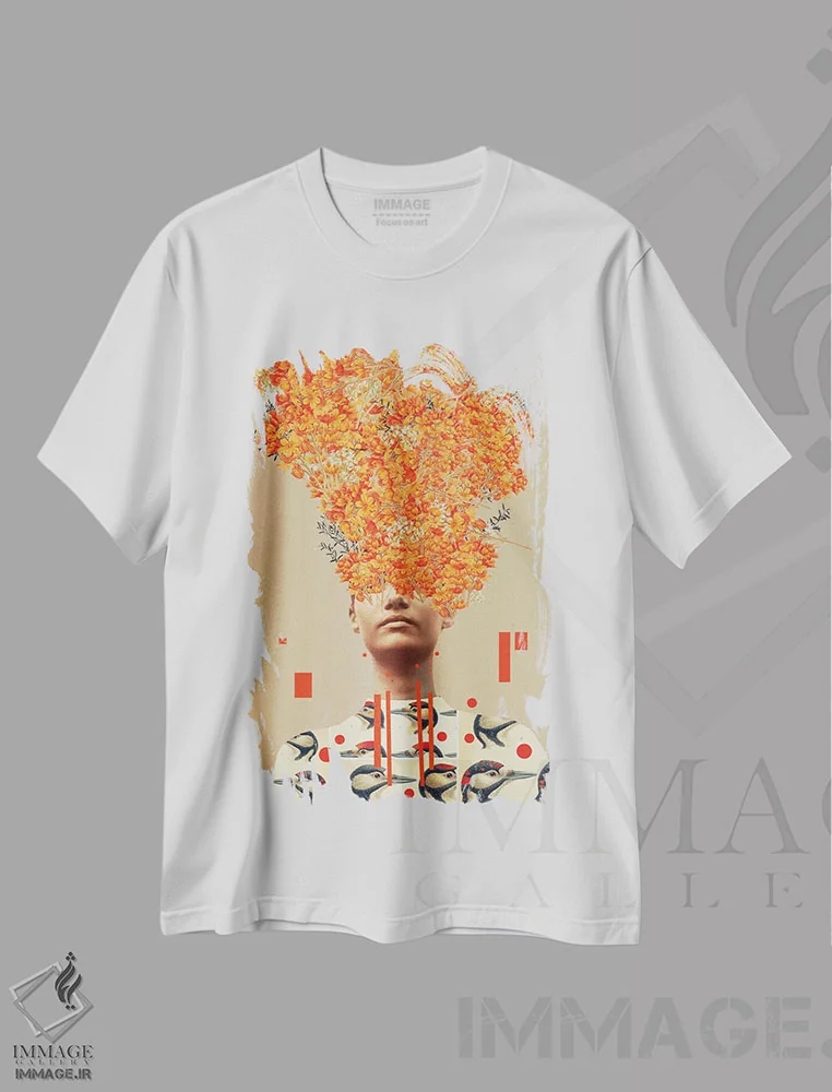 تیشرت سفید طرح دار "پرواز پرنده در پاییز"، هنر فاخر معاصر اثر فرانک موس | immage.ir