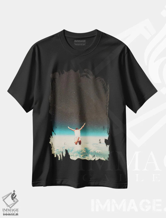 تیشرت مشکی طرح دار "افتادن با لبخند پنهان"، هنر فاخر معاصر اثر فرانک موس | فروشگاه ایماژ