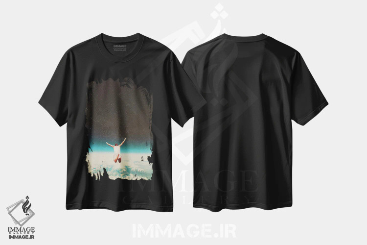 تیشرت مشکی طرح دار "افتادن با لبخند پنهان"، هنر فاخر معاصر اثر فرانک موس | فروشگاه ایماژ