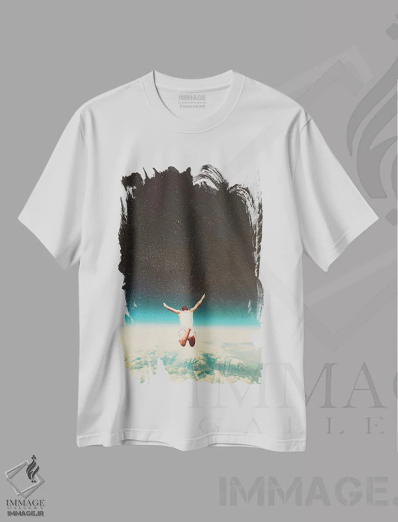 تیشرت سفید طرح دار "افتادن با لبخند پنهان"، هنر فاخر معاصر اثر فرانک موس | immage.ir