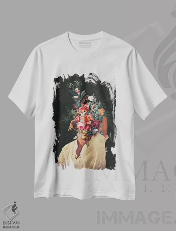 تیشرت سفید طرح دار "هر بار به یاد تو افتادم، رزها شکوفا شدند"، هنر فاخر معاصر اثر فرانک موس | immage.ir