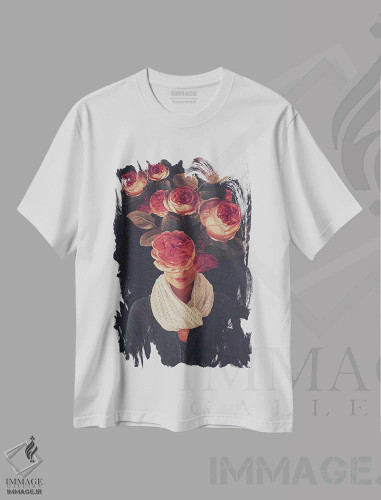 تیشرت سفید طرح دار "لبخند گل های رز"، هنر فاخر معاصر اثر فرانک موس | فروشگاه ایماژ