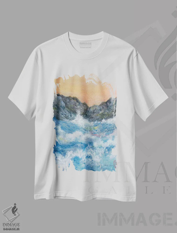 تیشرت سفید طرح دار موج کوبنده، آبستره اثر مینگ فرانز | فروشگاه ایماژ