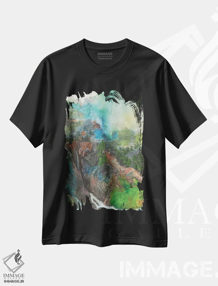 تیشرت مشکی طرح دار بهشت پنهان، آبستره اثر مینگ فرانز | فروشگاه ایماژ