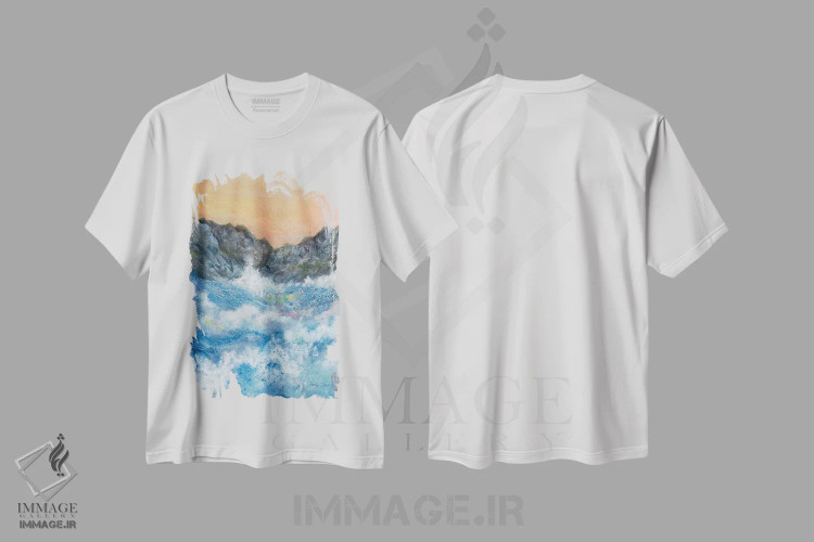 تیشرت سفید طرح دار موج کوبنده، آبستره اثر مینگ فرانز | فروشگاه ایماژ