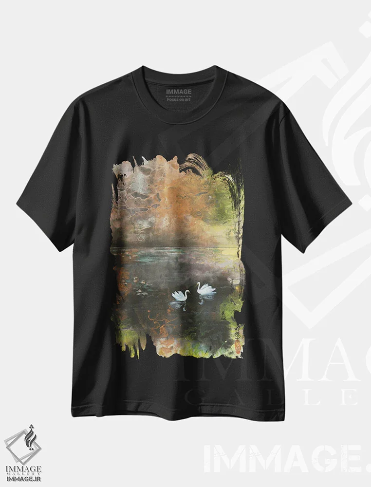 تیشرت مشکی طرح دار دریاچه قو، آبستره اثر مینگ فرانز | immage.ir