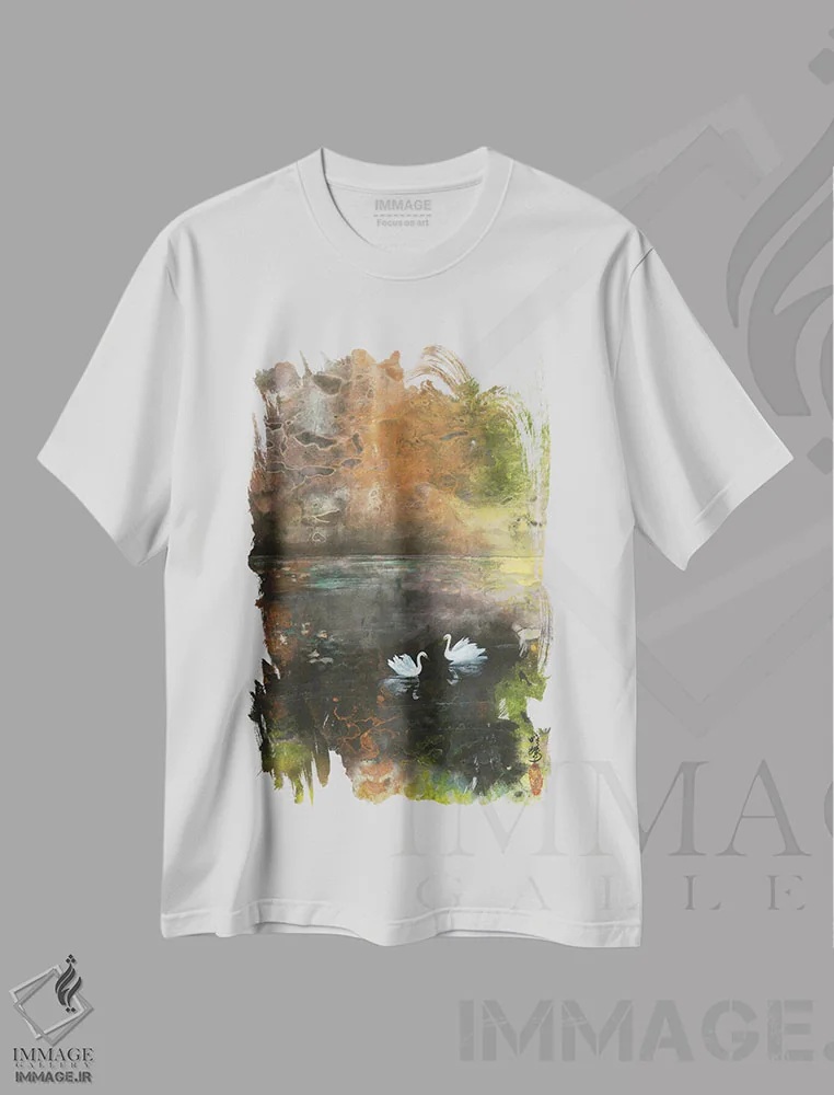 تیشرت سفید طرح دار دریاچه قو، آبستره اثر مینگ فرانز | فروشگاه ایماژ