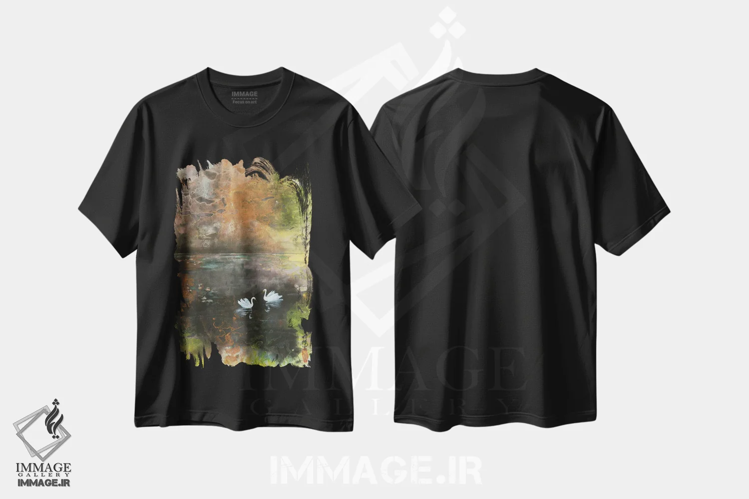 تیشرت مشکی طرح دار دریاچه قو، آبستره اثر مینگ فرانز | immage.ir