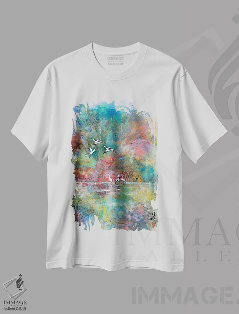 تیشرت سفید طرح دار گردهمایی صبحگاهی، آبستره اثر مینگ فرانز | فروشگاه ایماژ