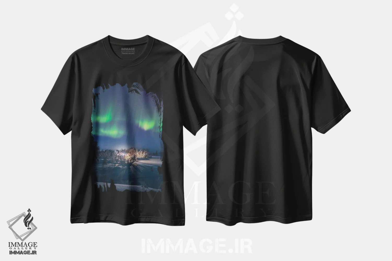 تیشرت مشکی طرح دار کلبهٔ شفق شمالی در نروژ، مدیوم اثر استفن فوس بک | فروشگاه ایماژ