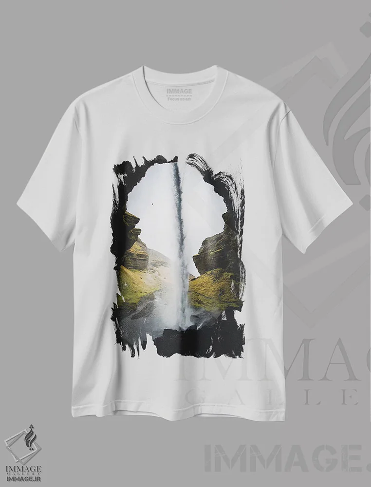 تیشرت سفید طرح دار آبشارهای ایسلندی I، مدیوم اثر استفن فوس بک | فروشگاه ایماژ