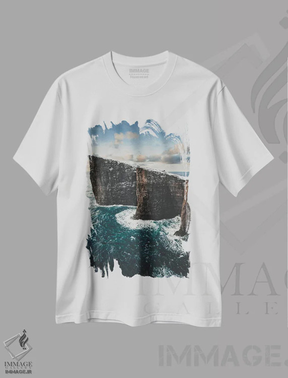 تیشرت سفید طرح دار صخره های اسلیو، جزایر فارو، مدیوم اثر استفن فوس بک | immage.ir