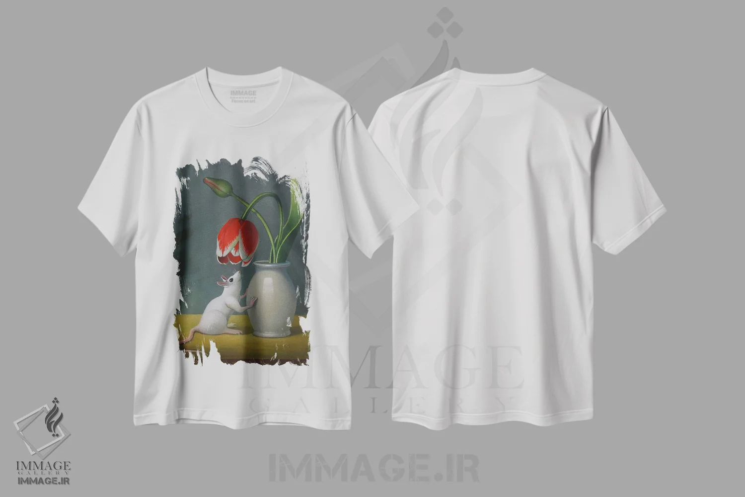 تیشرت سفید طرح دار موش با گلدان لاله، هنر فاخر معاصر اثر فرانک وارمدام | فروشگاه ایماژ