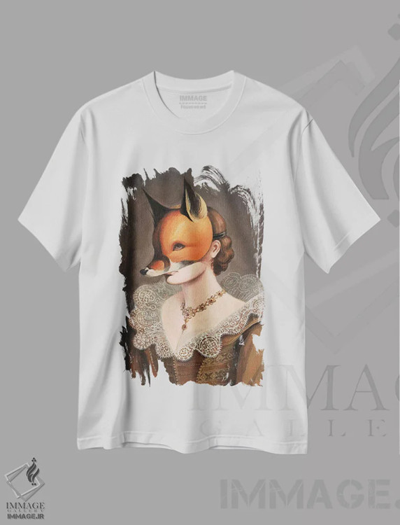تیشرت سفید طرح دار زن با نقاب روباه، مدیوم اثر فوکسی اند پیپر | immage.ir