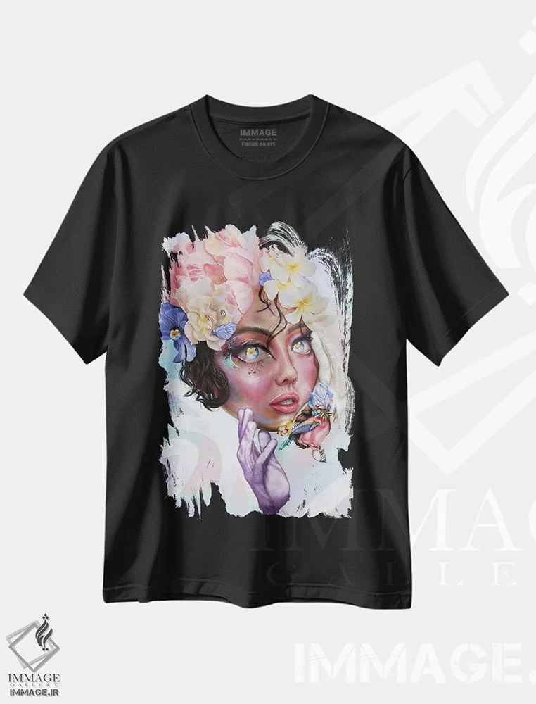 تیشرت مشکی طرح دار ریانن و چکاوک، هنر فاخر معاصر اثر فیبل | immage.ir
