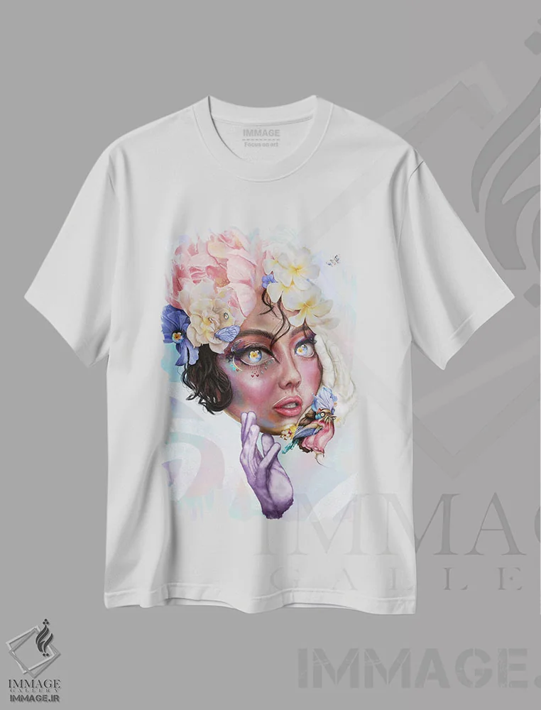 تیشرت سفید طرح دار ریانن و چکاوک، هنر فاخر معاصر اثر فیبل | فروشگاه ایماژ
