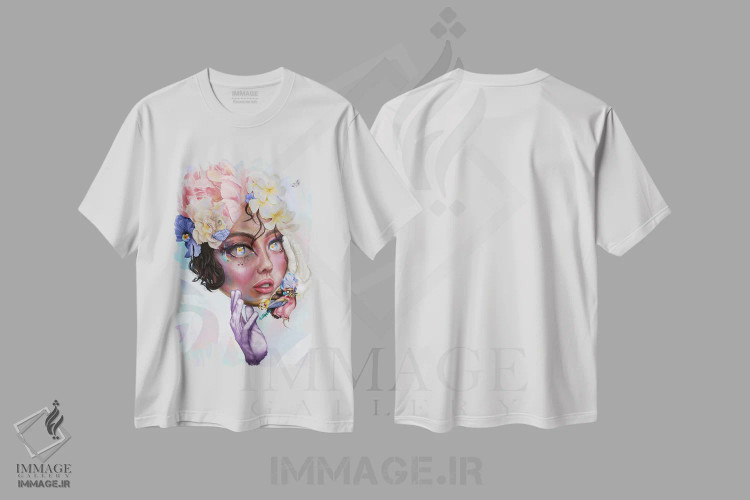 تیشرت سفید طرح دار ریانن و چکاوک، هنر فاخر معاصر اثر فیبل | فروشگاه ایماژ