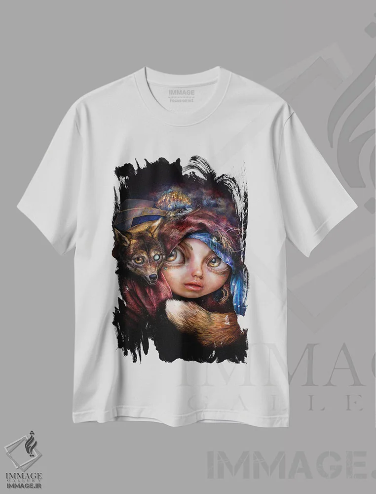تیشرت سفید طرح دار گرگ کوچک، هنر فاخر معاصر اثر فیبل | فروشگاه ایماژ