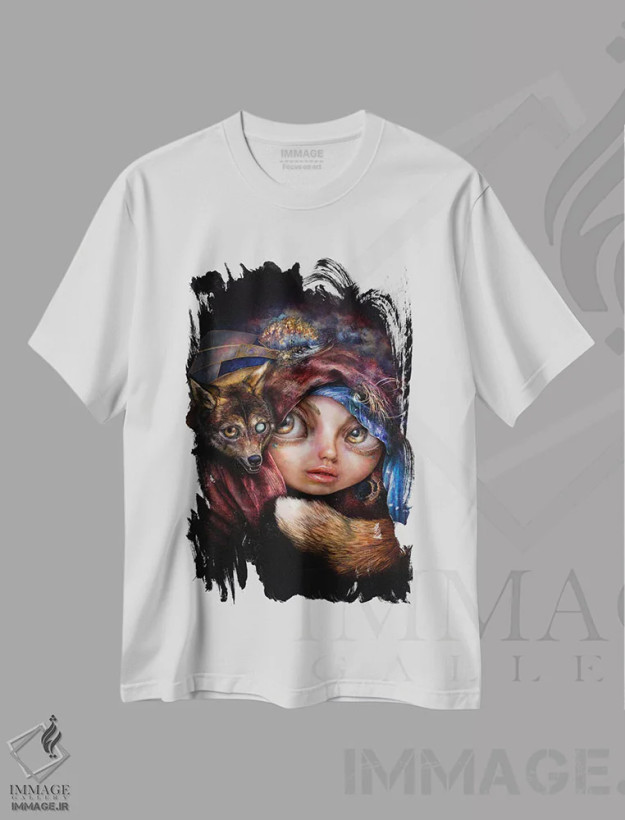 تیشرت سفید طرح دار گرگ کوچک، هنر فاخر معاصر اثر فیبل | فروشگاه ایماژ