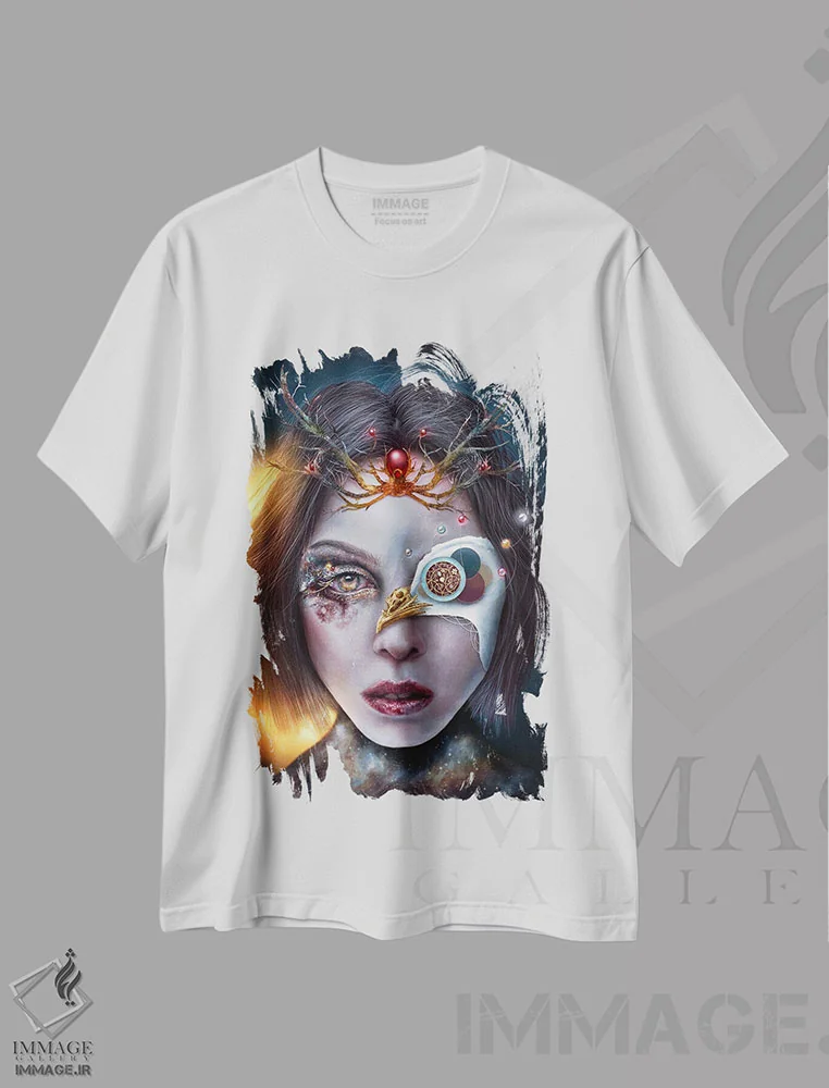 تیشرت سفید طرح دار میرنا اهل کالیستو، هنر فاخر معاصر اثر فیبل | immage.ir