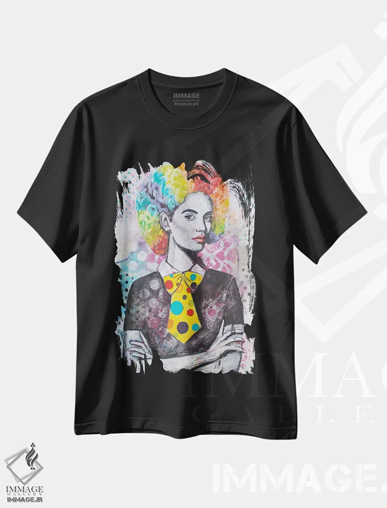 تیشرت مشکی طرح دار موی دلقک، هنر فاخر معاصر اثر تارا گامل | فروشگاه ایماژ