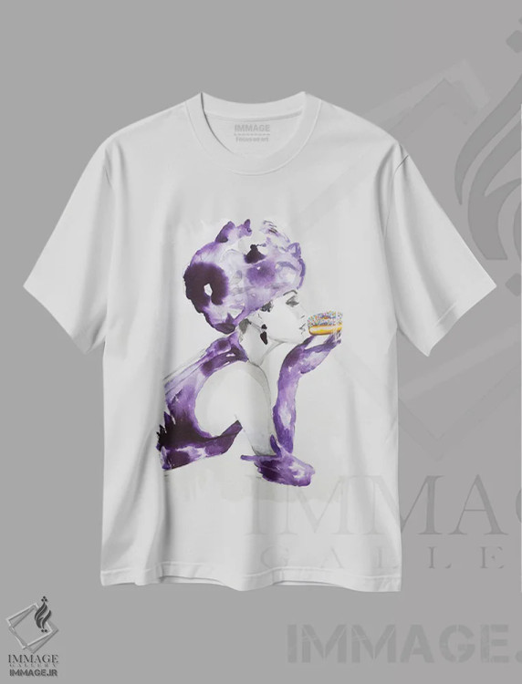 تیشرت سفید طرح دار وسوسه بنفش، هنر فاخر معاصر اثر تارا گامل | فروشگاه ایماژ