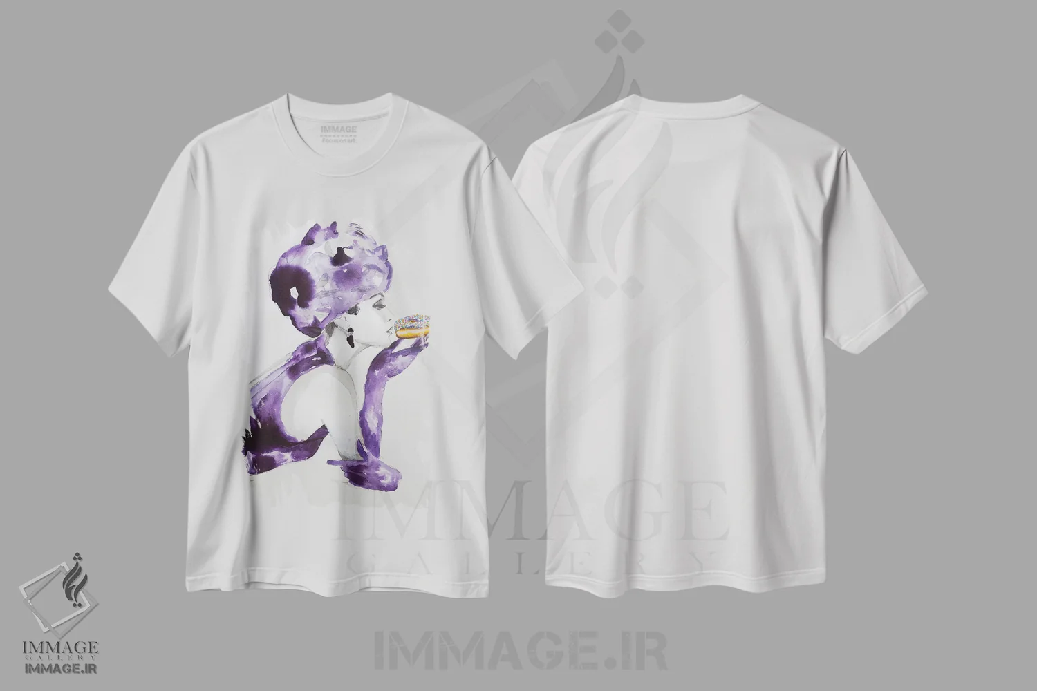 تیشرت سفید طرح دار وسوسه بنفش، هنر فاخر معاصر اثر تارا گامل | فروشگاه ایماژ
