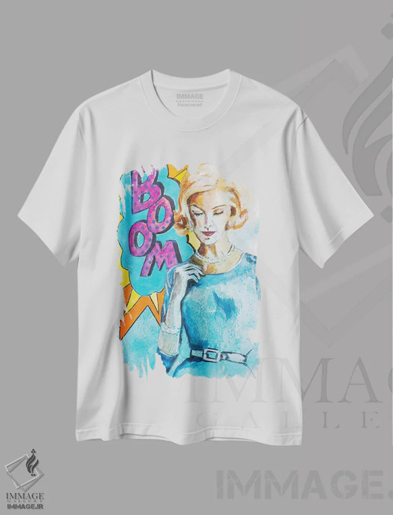 تیشرت سفید طرح دار بوم، هنر فاخر معاصر اثر تارا گامل | فروشگاه ایماژ