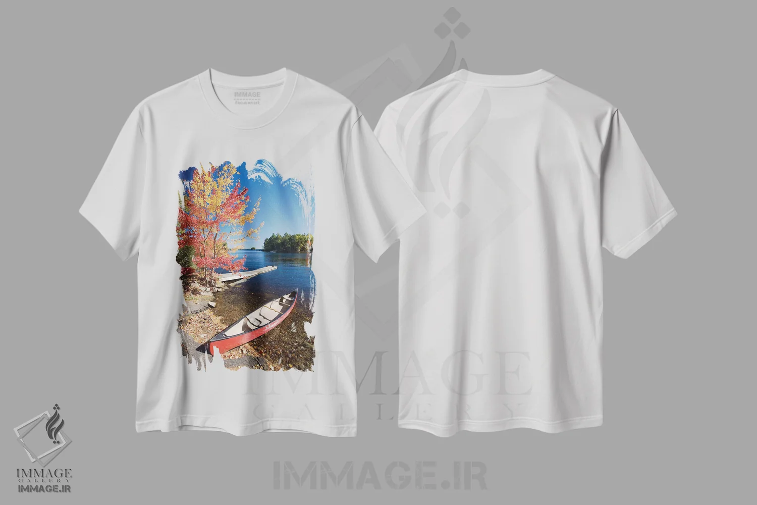 تیشرت سفید طرح دار رنگ های پاییزی و قایق کانو، مین، نیوانگلند، آمریکا، مدیوم اثر گارث مک کورمک | فروشگاه ایماژ