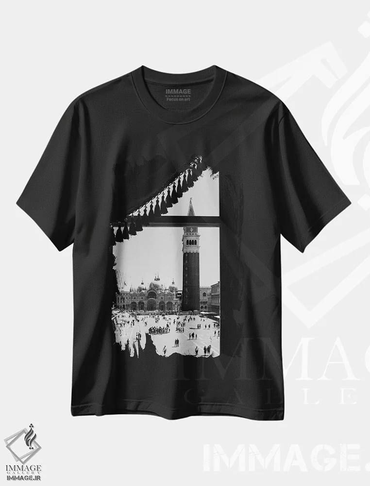 تیشرت مشکی طرح دار نگهدار زمان، عکاسی سیاه و سفید اثر گیلیارد برسسان | immage.ir