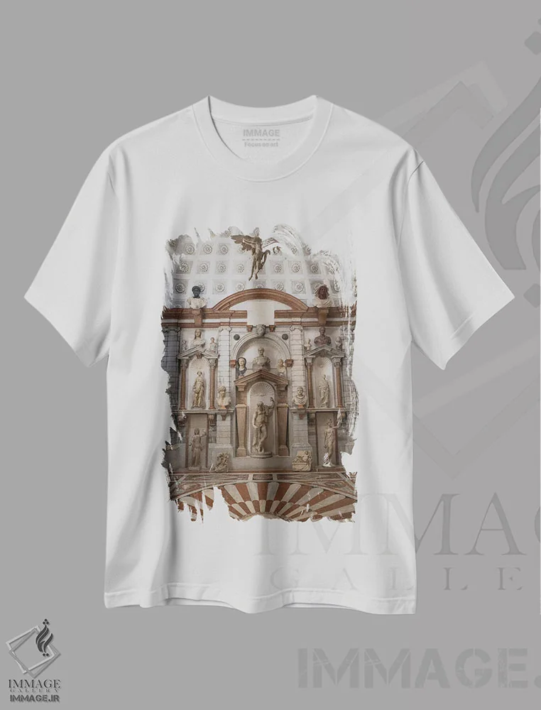 تیشرت سفید طرح دار اتاق تندیس ها، عکاسی ترکیبی اثر گیلیارد برسسان | immage.ir