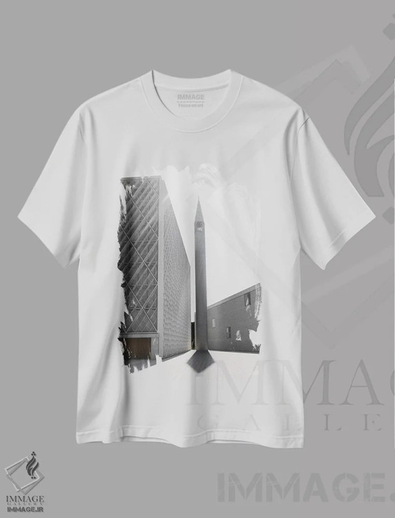 تیشرت سفید طرح دار مناره، عکاسی سیاه و سفید اثر گیلیارد برسسان | فروشگاه ایماژ