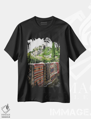 تیشرت مشکی طرح دار فرش و سرو، تزئینی اثر گیلیارد برسسان | فروشگاه ایماژ