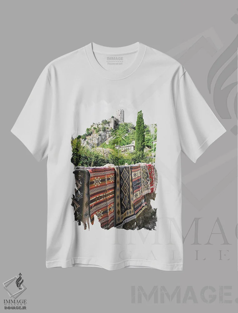 تیشرت سفید طرح دار فرش و سرو، تزئینی اثر گیلیارد برسسان | immage.ir