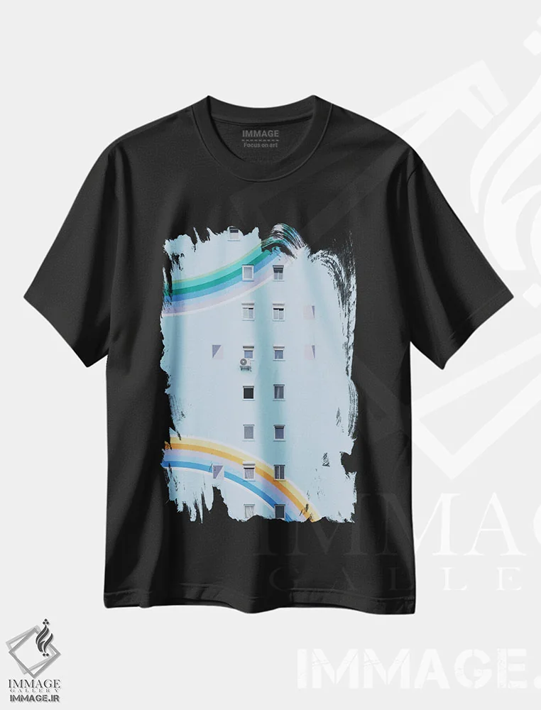 تیشرت مشکی طرح دار ساختمان رنگین کمانی، مدیوم اثر گیلیارد برسسان | فروشگاه ایماژ