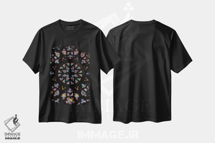 تیشرت مشکی طرح دار شیشه های رنگی، مدیوم اثر گیلیارد برسسان | فروشگاه ایماژ
